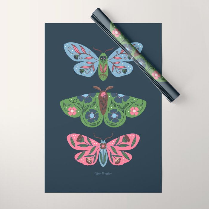 Folk Floral Moths and Butterflies Blue Wrapping Paper Gallery Image 1