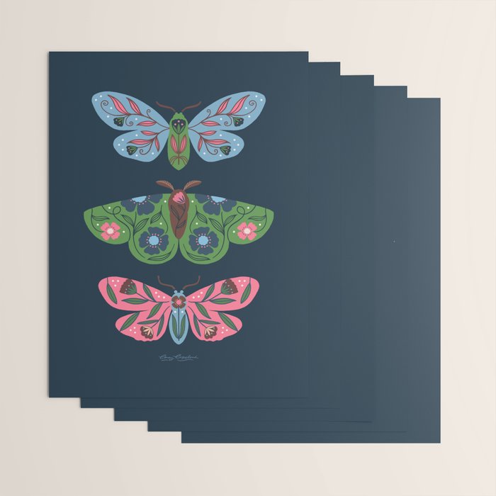 Folk Floral Moths and Butterflies Blue Wrapping Paper Gallery Image 3