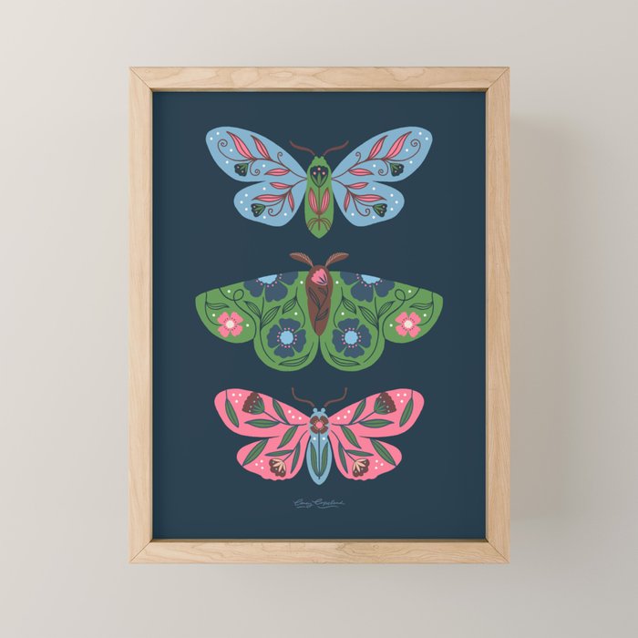 Folk Floral Moths and Butterflies Blue Mini Art Print Gallery Image 1