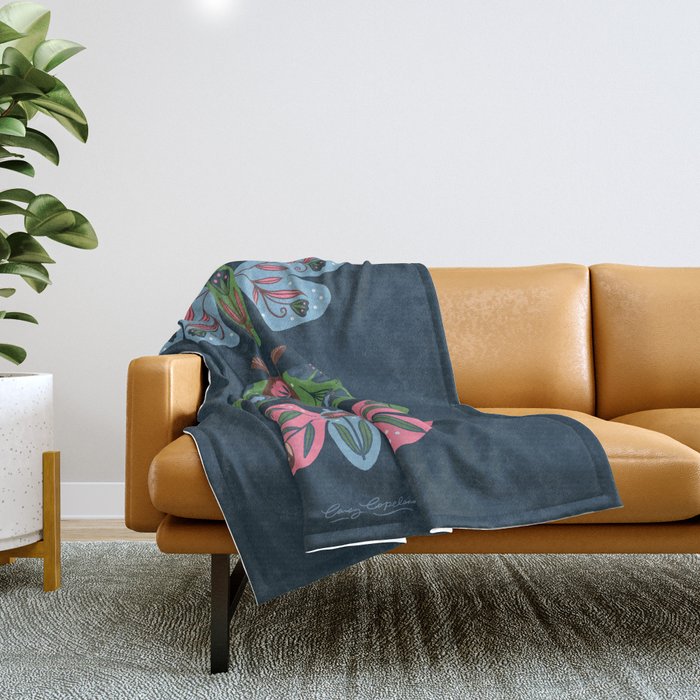 Folk Floral Moths and Butterflies Blue Throw Blanket Gallery Image 1