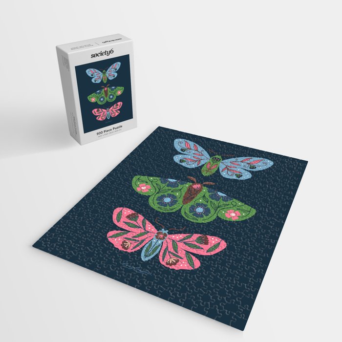Folk Floral Moths and Butterflies Blue Jigsaw Puzzle Gallery Image 2