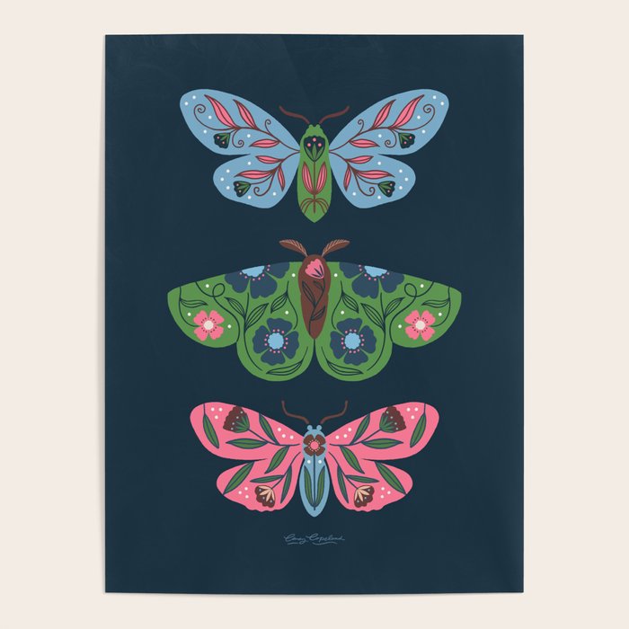 Folk Floral Moths and Butterflies Blue Poster Gallery Image 4