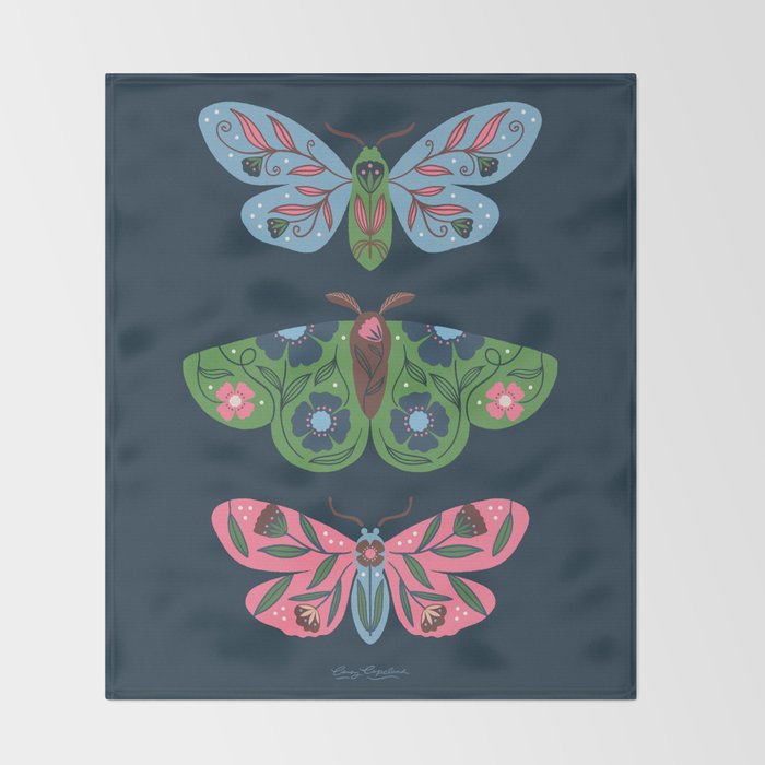 Folk Floral Moths and Butterflies Blue Throw Blanket Gallery Image 2