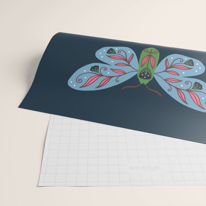 Folk Floral Moths and Butterflies Blue Wrapping Paper Gallery Image 2