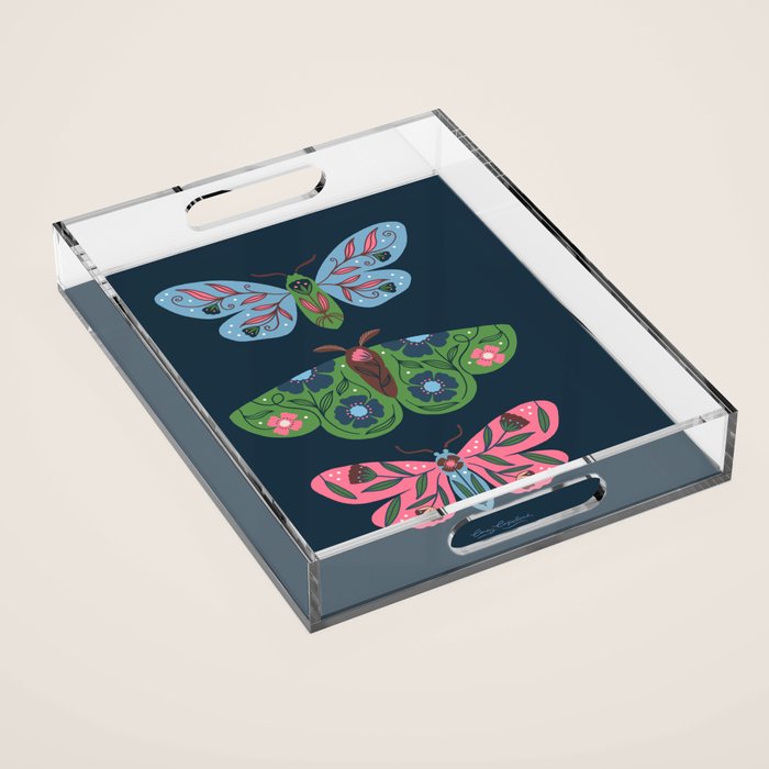 Folk Floral Moths and Butterflies Blue Acrylic Tray Gallery Image 1