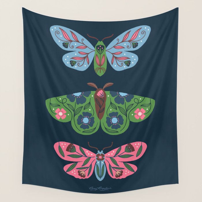 Folk Floral Moths and Butterflies Blue Wall Tapestry Gallery Image 4