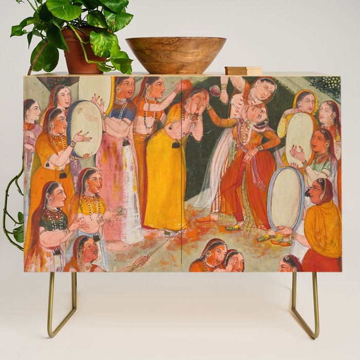 Girls Spraying Each Other at Holi c. 1640-50 Northwestern India, Rajasthan, Rajput Kingdom of Bikaner Gum tempera, ink, and gold on paper  Credenza Gallery Image 1