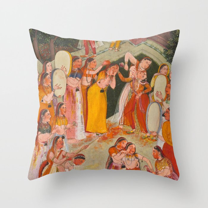 Girls Spraying Each Other at Holi c. 1640-50 Northwestern India, Rajasthan, Rajput Kingdom of Bikaner Gum tempera, ink, and gold on paper  Throw Pillow Gallery Image 6