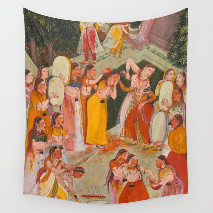 Girls Spraying Each Other at Holi c. 1640-50 Northwestern India, Rajasthan, Rajput Kingdom of Bikaner Gum tempera, ink, and gold on paper  Wall Tapestry Gallery Image 4