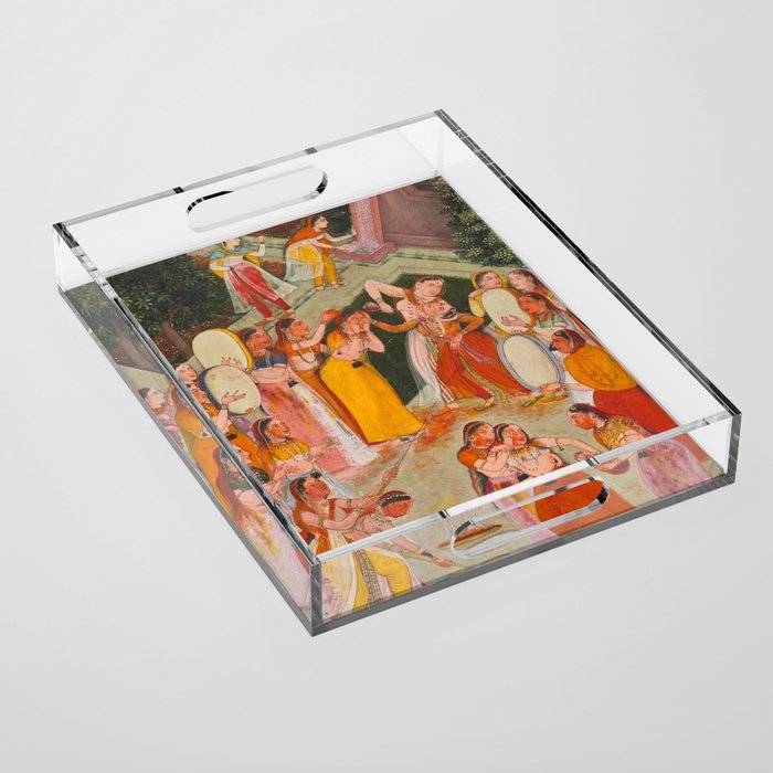 Girls Spraying Each Other at Holi c. 1640-50 Northwestern India, Rajasthan, Rajput Kingdom of Bikaner Gum tempera, ink, and gold on paper  Acrylic Tray Gallery Image 1