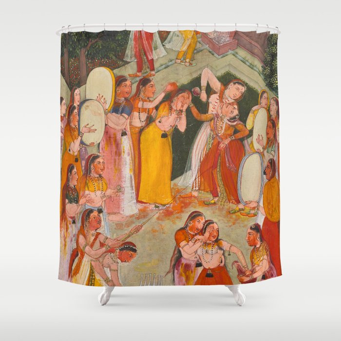 Girls Spraying Each Other at Holi c. 1640-50 Northwestern India, Rajasthan, Rajput Kingdom of Bikaner Gum tempera, ink, and gold on paper  Shower Curtain Gallery Image 1