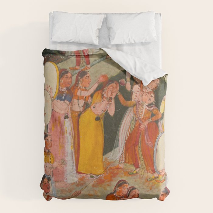 Girls Spraying Each Other at Holi c. 1640-50 Northwestern India, Rajasthan, Rajput Kingdom of Bikaner Gum tempera, ink, and gold on paper  Duvet Cover Gallery Image 6