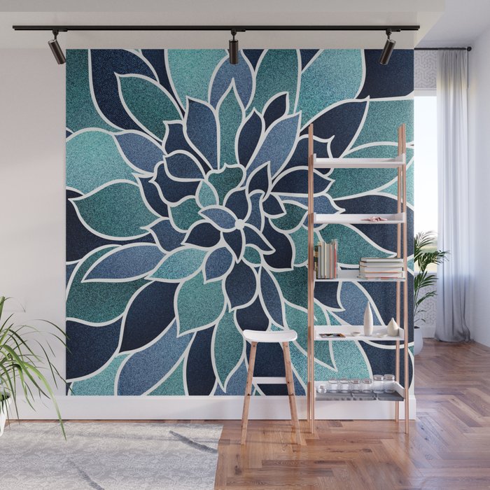 Festive, Flower Bloom, Navy Blue and Teal Wall Mural Gallery Image 1