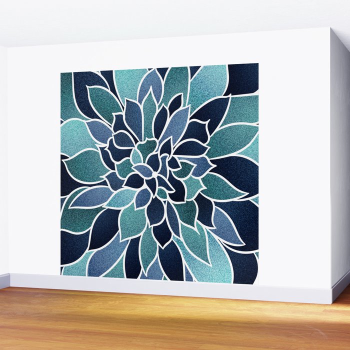 Festive, Flower Bloom, Navy Blue and Teal Wall Mural Gallery Image 2