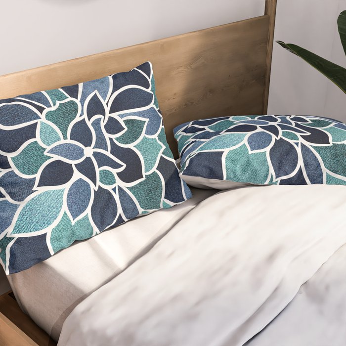 Festive, Flower Bloom, Navy Blue and Teal Pillow Sham Gallery Image 2