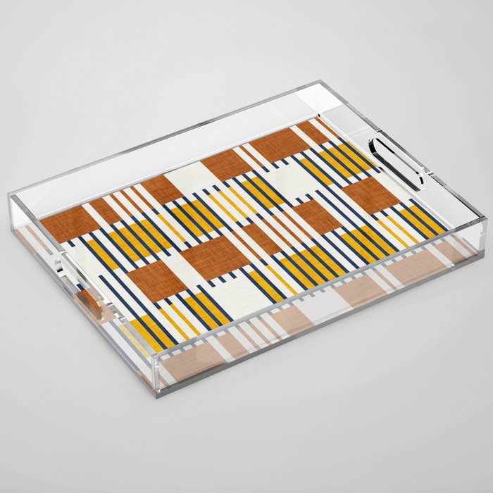 Bold minimalist retro stripes // midnight blue goldenrod yellow and copper brown geometric grid  Acrylic Tray Gallery Image 1