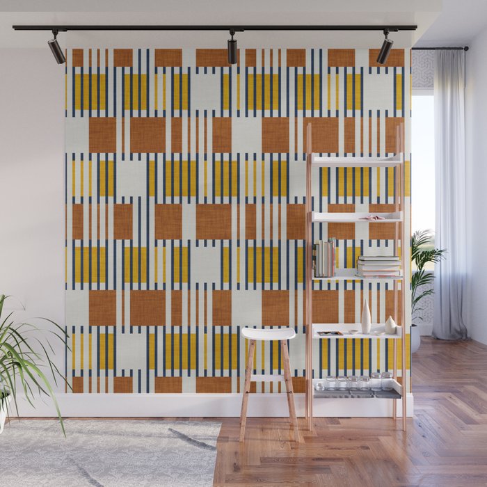 Bold minimalist retro stripes // midnight blue goldenrod yellow and copper brown geometric grid  Wall Mural Gallery Image 1