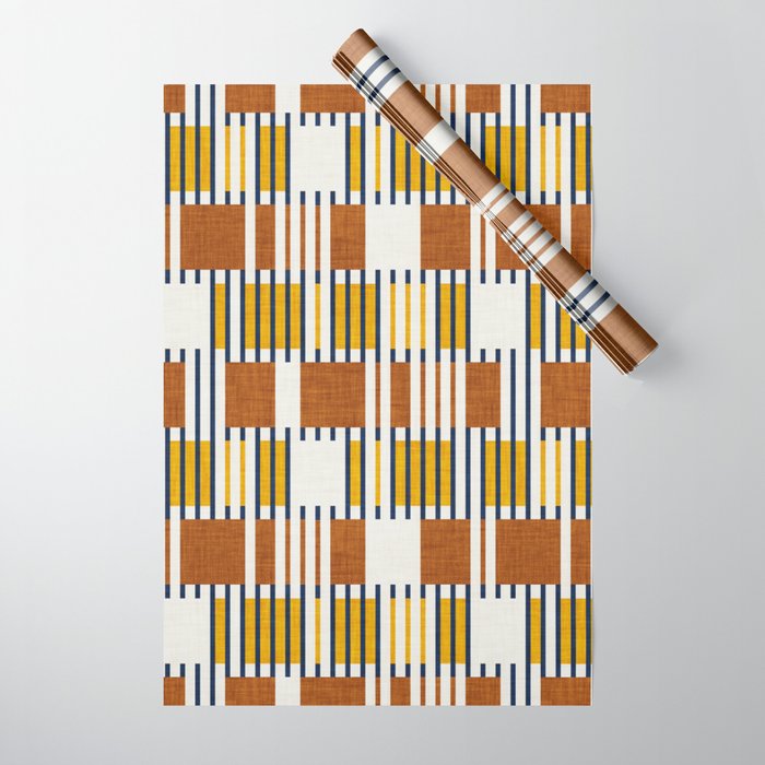Bold minimalist retro stripes // midnight blue goldenrod yellow and copper brown geometric grid  Wrapping Paper Gallery Image 1
