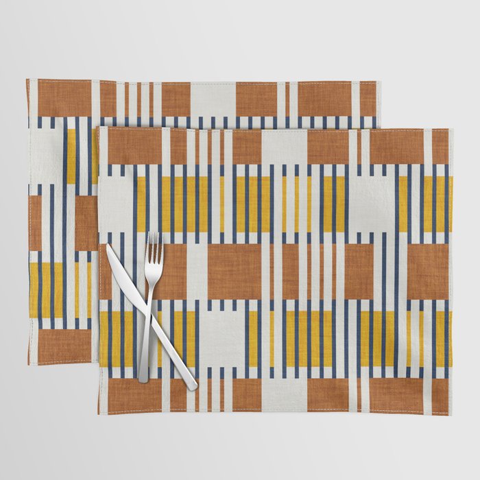 Bold minimalist retro stripes // midnight blue goldenrod yellow and copper brown geometric grid  Placemat Gallery Image 1