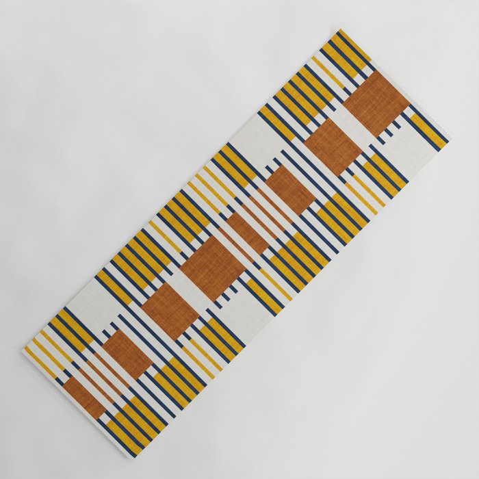 Bold minimalist retro stripes // midnight blue goldenrod yellow and copper brown geometric grid  Yoga Mat Gallery Image 1