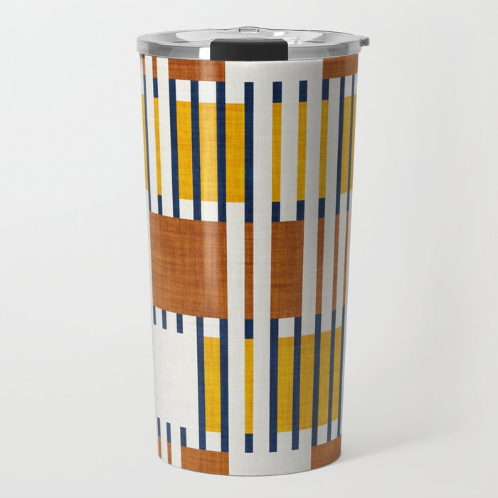 Bold minimalist retro stripes // midnight blue goldenrod yellow and copper brown geometric grid  Travel Mug Gallery Image 1