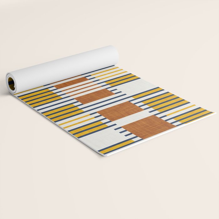 Bold minimalist retro stripes // midnight blue goldenrod yellow and copper brown geometric grid  Yoga Mat Gallery Image 2