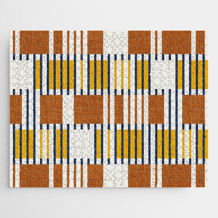 Bold minimalist retro stripes // midnight blue goldenrod yellow and copper brown geometric grid  Jigsaw Puzzle Gallery Image 1