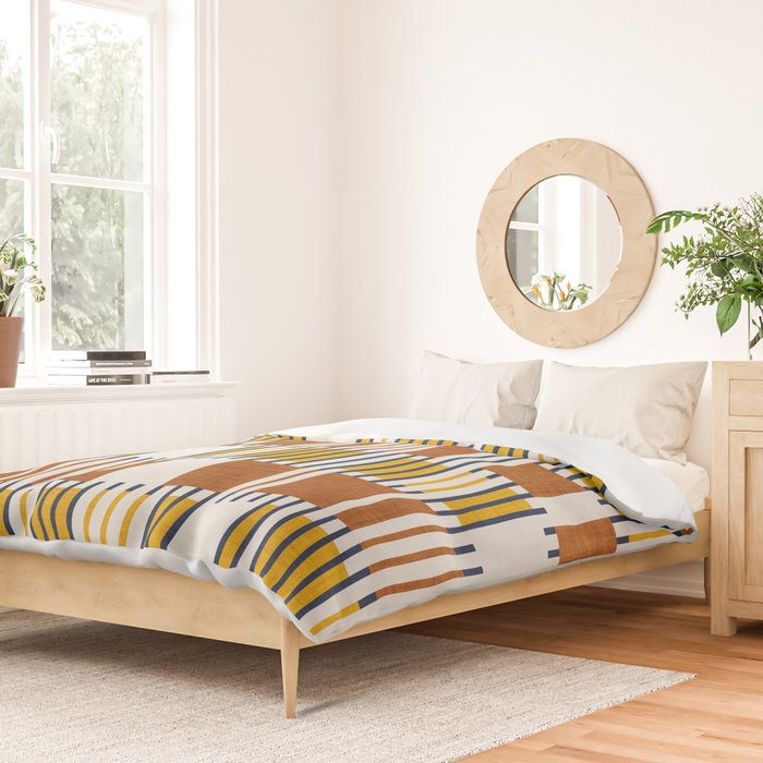 Bold minimalist retro stripes // midnight blue goldenrod yellow and copper brown geometric grid  Duvet Cover Gallery Image 2