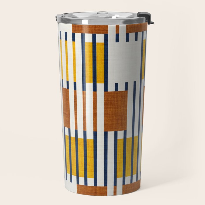 Bold minimalist retro stripes // midnight blue goldenrod yellow and copper brown geometric grid  Travel Mug Gallery Image 2