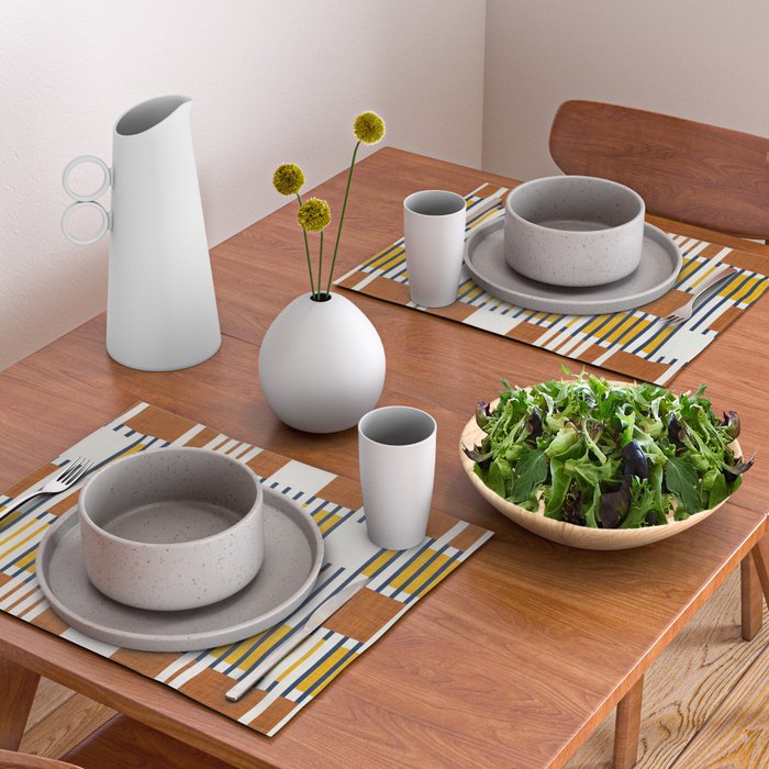 Bold minimalist retro stripes // midnight blue goldenrod yellow and copper brown geometric grid  Placemat Gallery Image 2