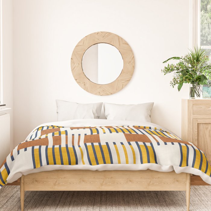Bold minimalist retro stripes // midnight blue goldenrod yellow and copper brown geometric grid  Duvet Cover Gallery Image 3