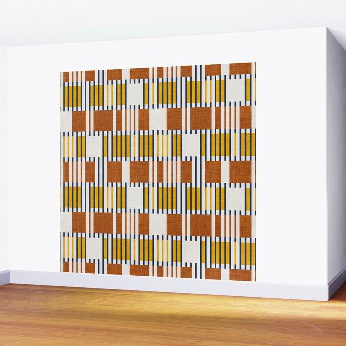 Bold minimalist retro stripes // midnight blue goldenrod yellow and copper brown geometric grid  Wall Mural Gallery Image 2