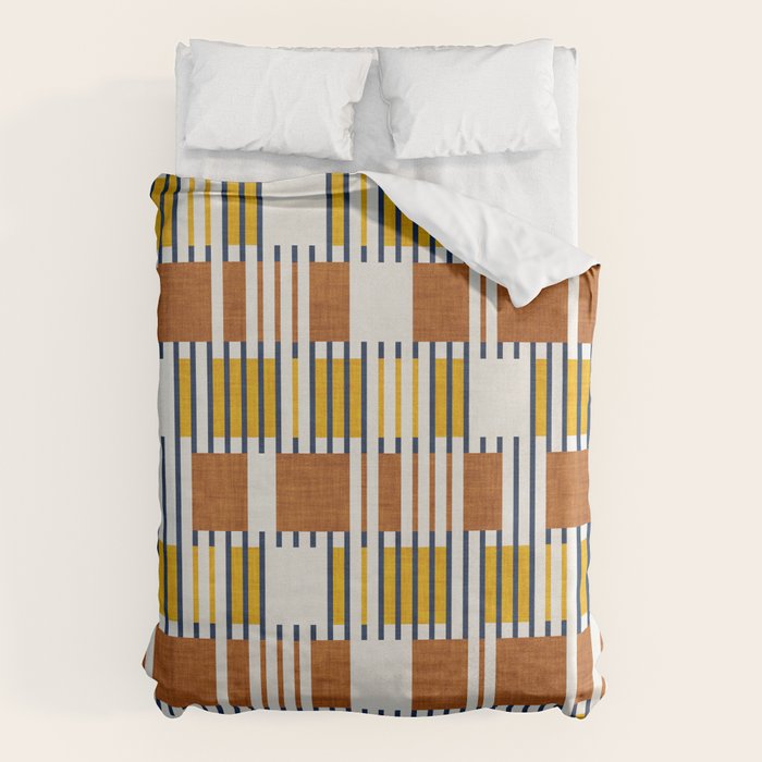 Bold minimalist retro stripes // midnight blue goldenrod yellow and copper brown geometric grid  Duvet Cover Gallery Image 6