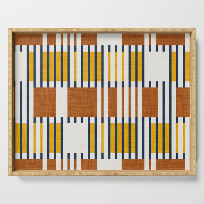 Bold minimalist retro stripes // midnight blue goldenrod yellow and copper brown geometric grid  Serving Tray Gallery Image 1