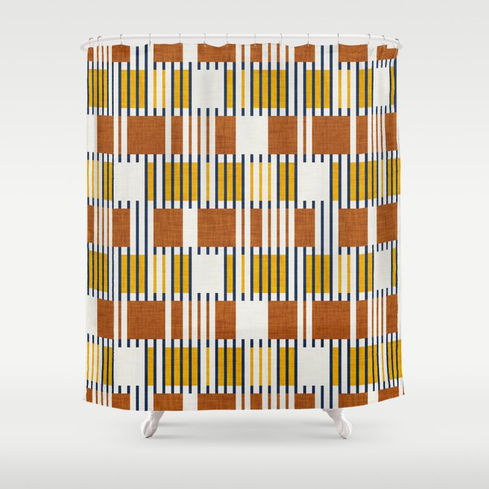 Bold minimalist retro stripes // midnight blue goldenrod yellow and copper brown geometric grid  Shower Curtain Gallery Image 1