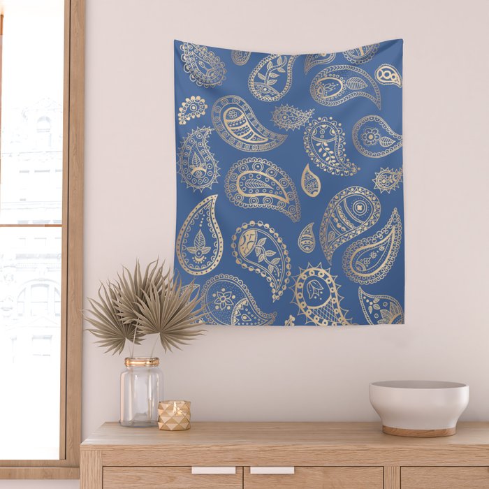 Classic blue and gold paisley Wall Tapestry Gallery Image 2