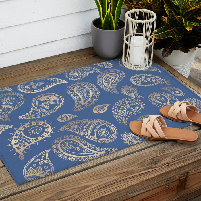 Classic blue and gold paisley Outdoor Rug Gallery Image 2