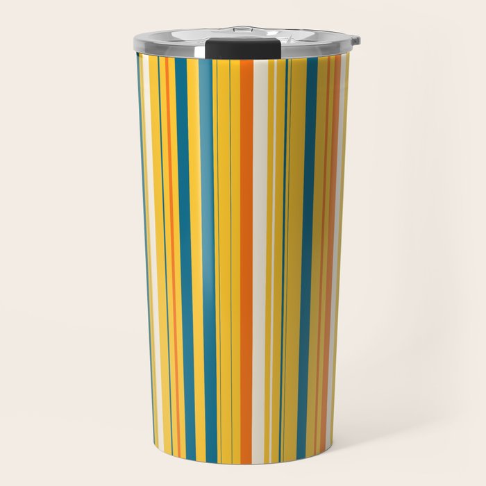 Retro 70s Vertical Stripes Orange Blue Yellow Pattern Travel Mug Gallery Image 1