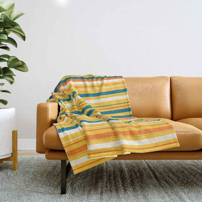 Retro 70s Vertical Stripes Orange Blue Yellow Pattern Throw Blanket Gallery Image 1