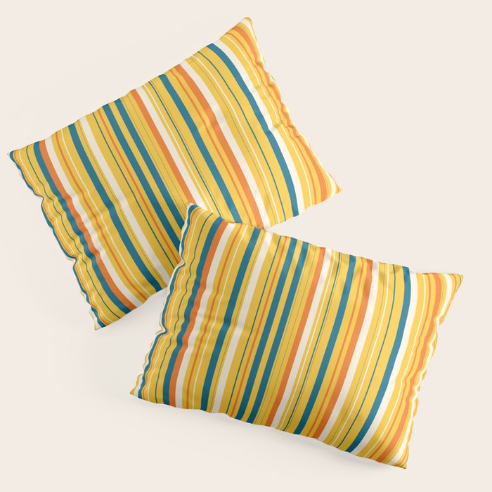 Retro 70s Vertical Stripes Orange Blue Yellow Pattern Pillow Sham Gallery Image 1