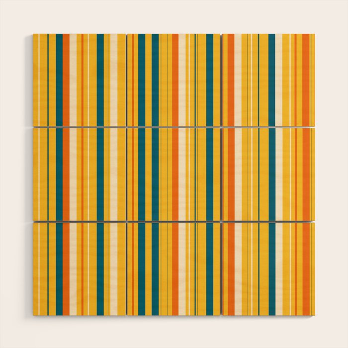 Retro 70s Vertical Stripes Orange Blue Yellow Pattern Wood Wall Art Gallery Image 1