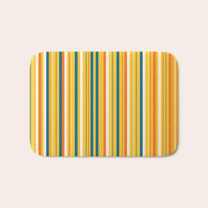 Retro 70s Vertical Stripes Orange Blue Yellow Pattern Bath Mat Gallery Image 1