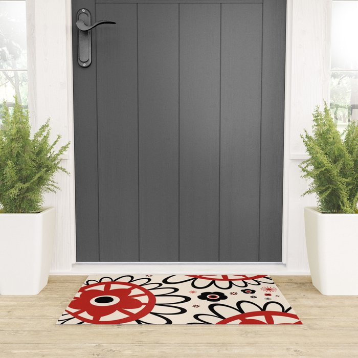 Dulcie Flowers Mid Century Modern Floral Abstract Pattern Red Black Cream Welcome Mat Gallery Image 3