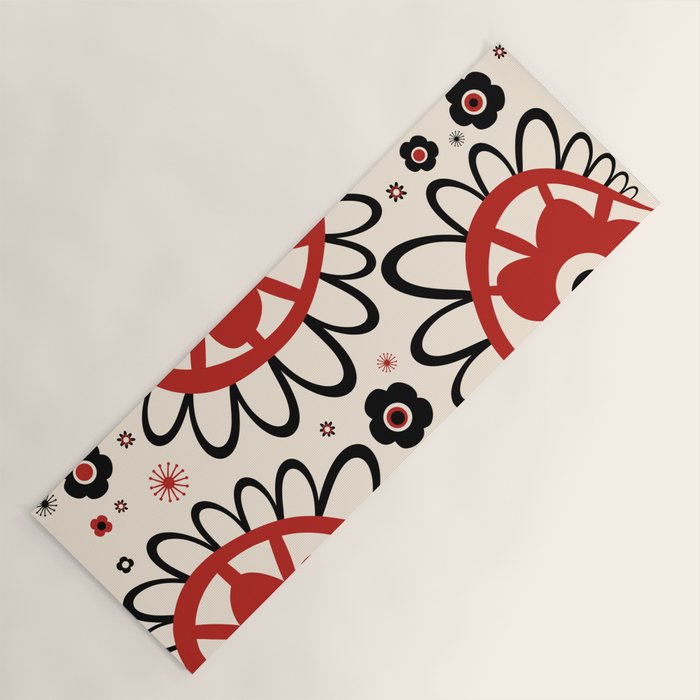 Dulcie Flowers Mid Century Modern Floral Abstract Pattern Red Black Cream Yoga Mat Gallery Image 1
