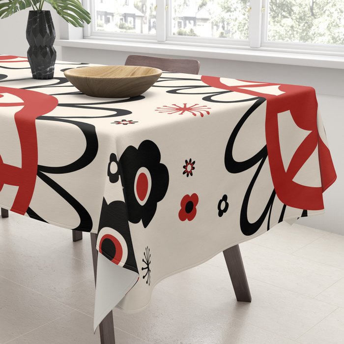 Dulcie Flowers Mid Century Modern Floral Abstract Pattern Red Black Cream Tablecloth Gallery Image 3