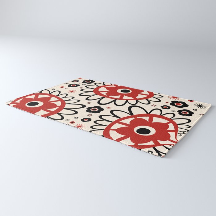 Dulcie Flowers Mid Century Modern Floral Abstract Pattern Red Black Cream Rug Gallery Image 3