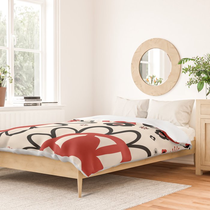 Dulcie Flowers Mid Century Modern Floral Abstract Pattern Red Black Cream Duvet Cover Gallery Image 2