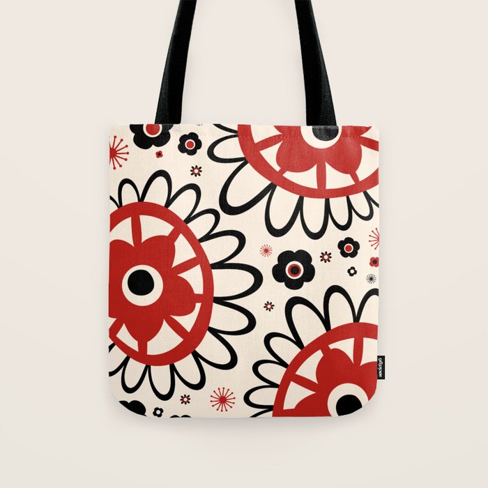 Dulcie Flowers Mid Century Modern Floral Abstract Pattern Red Black Cream Tote Bag Gallery Image 1