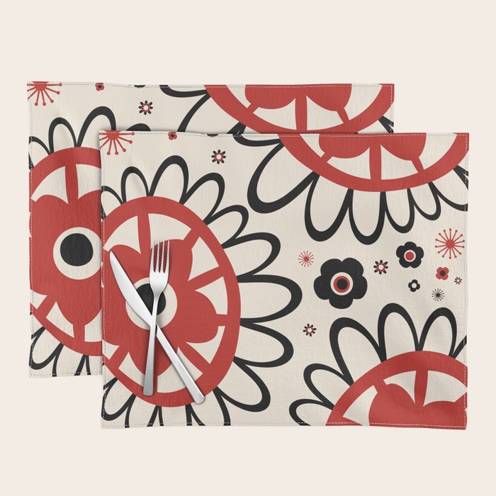Dulcie Flowers Mid Century Modern Floral Abstract Pattern Red Black Cream Placemat Gallery Image 1