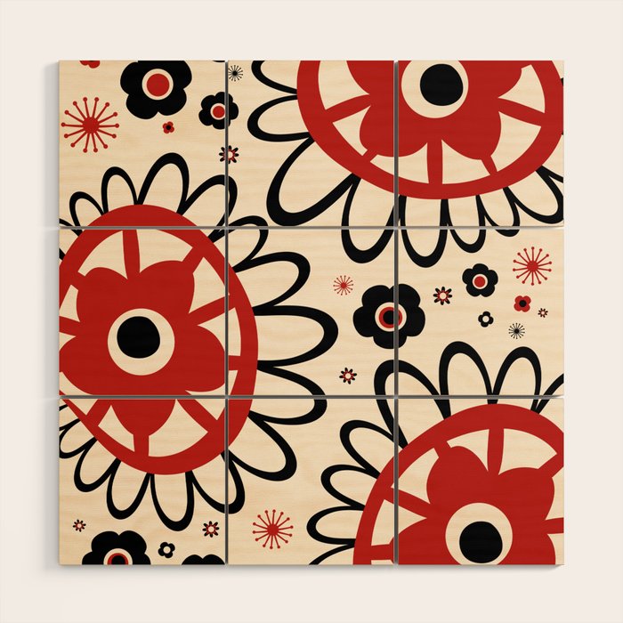 Dulcie Flowers Mid Century Modern Floral Abstract Pattern Red Black Cream Wood Wall Art Gallery Image 1